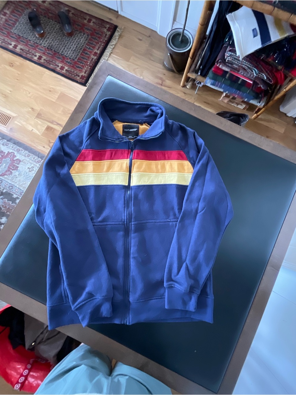 Mens Navy Zip-Up Sweater with Red and Yellow Stripe Detail